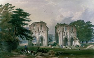ロッシュ修道院、西からの眺め、「ヨークシャーの修道院の遺跡」から、ジョージホーキンス（1819〜52年）によって彫刻され、1842年